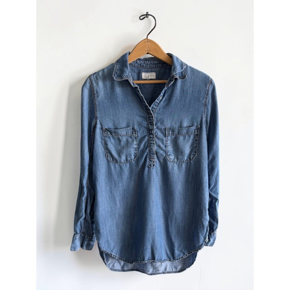 Lou & Grey Womens Medium Wash Chambray Henley Tunic Blouse Blue Size S